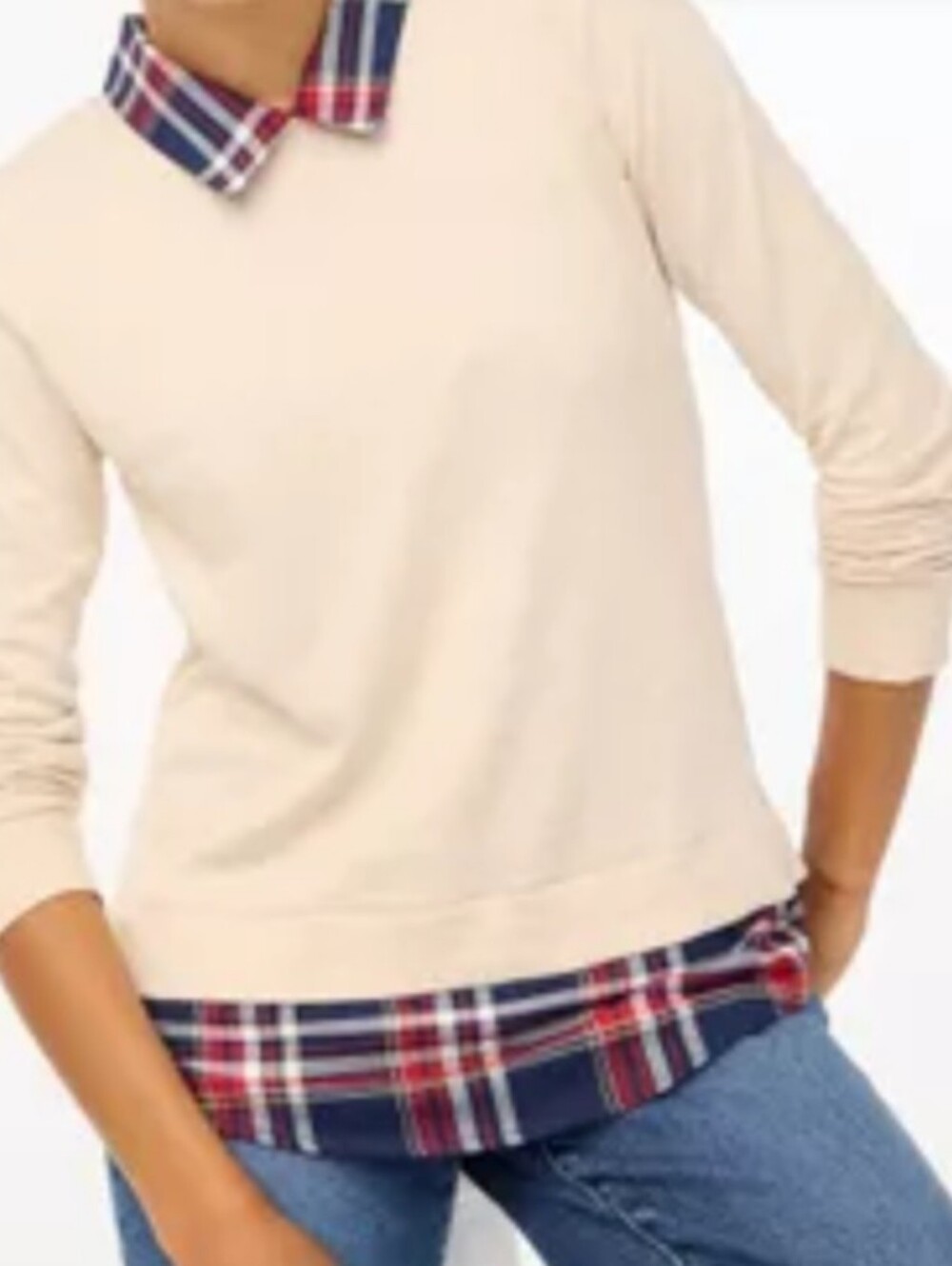 J. Crew Cream Crewneck Sweater with Navy & Red Plaid Trim